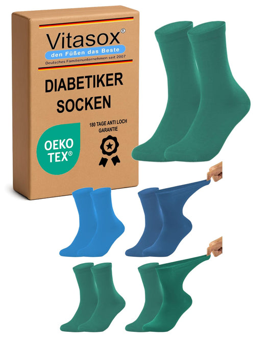Vitasox Diabetikersocken für Damen, 4 Paar blau und grün 39/42 venenfreundliche Diabetiker Socken aus Baumwolle, ohne Gummibund, gegen Einschneiden & Drücken, extra weit dehnbar, 54101