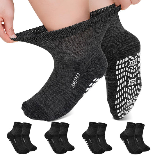 LOFIR Bambus Diabetiker Socken für Damen: Diabetikersocken ohne Gummibund und Naht für Frauen - ABS Antirutsch Socken mit Komfortbund für Krankenhaus Senioren 4 Paar Schwarz 43-46