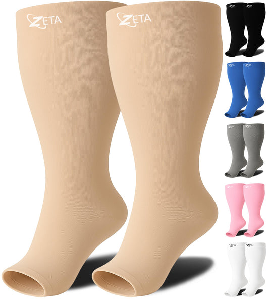 Zeta Wear Kompressionsstrümpfe Dicke Waden, Damen, Beruhigende Bequeme enunterstützung, Verhindert Schwellungen, Schmerzen, Ödeme, DVT, Große Manschetten, Den mit Offener Spitze, Beige, 3XL