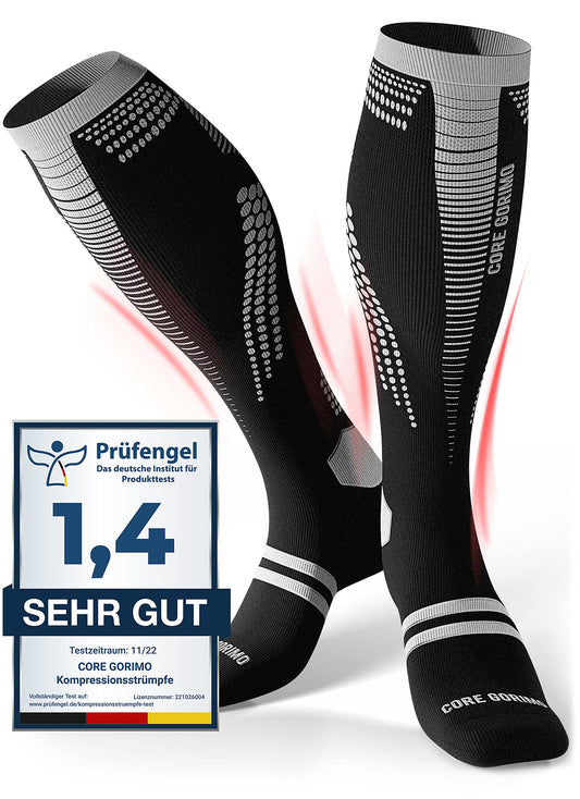 CORE GORIMO – Kompressionsstrümpfe Sport – Atmungsaktiv mit Anti-Blasen Schutz – Optimale Unterstützung beim Laufen und Joggen für Damen und Herren (schwarz/weiß, 45-48)