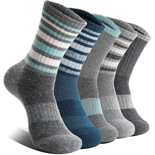 EBMORE Damen Merino Wollsocken Thermosocken Wandersocken Warmesocken Wintersocken Dick Wolle Sportsocken Arbeitssocken für Outdoor 5 Paar Geschenke(Streifen B Grau,M)